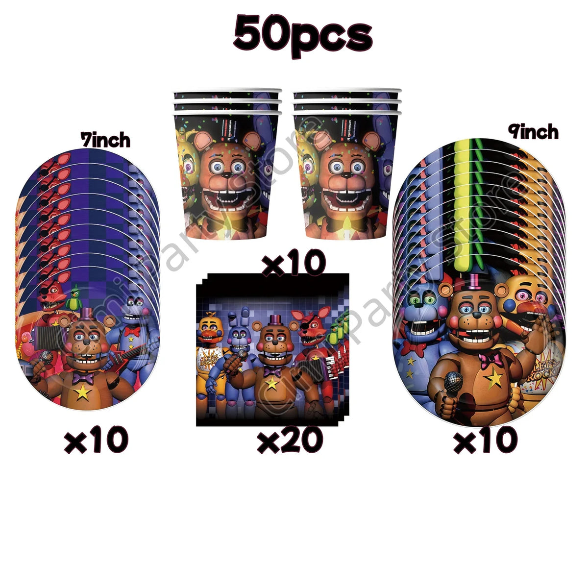 A set of Five Nights at Freddy's birthday party supplies including cups, plates, and various themed items.
