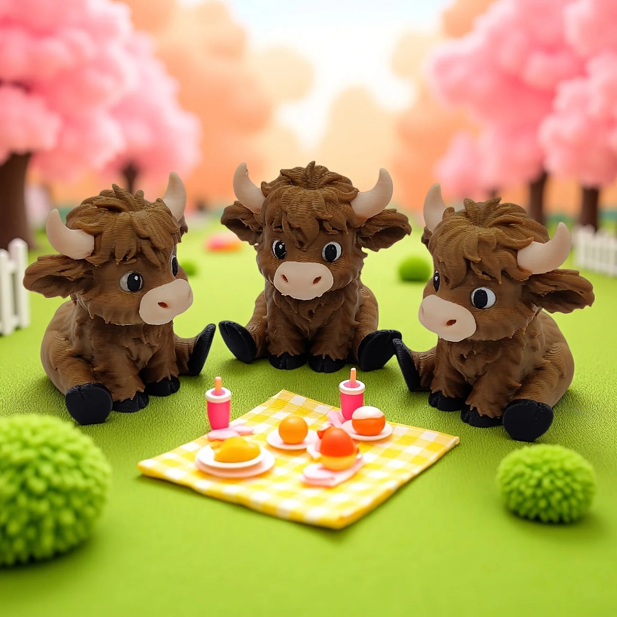 Three cute brown Highland cow statues with small orange food items on a yellow checkered mat