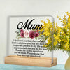 A personalized acrylic keepsake plaque with a wooden base featuring a floral design and a heartfelt message for Mom.