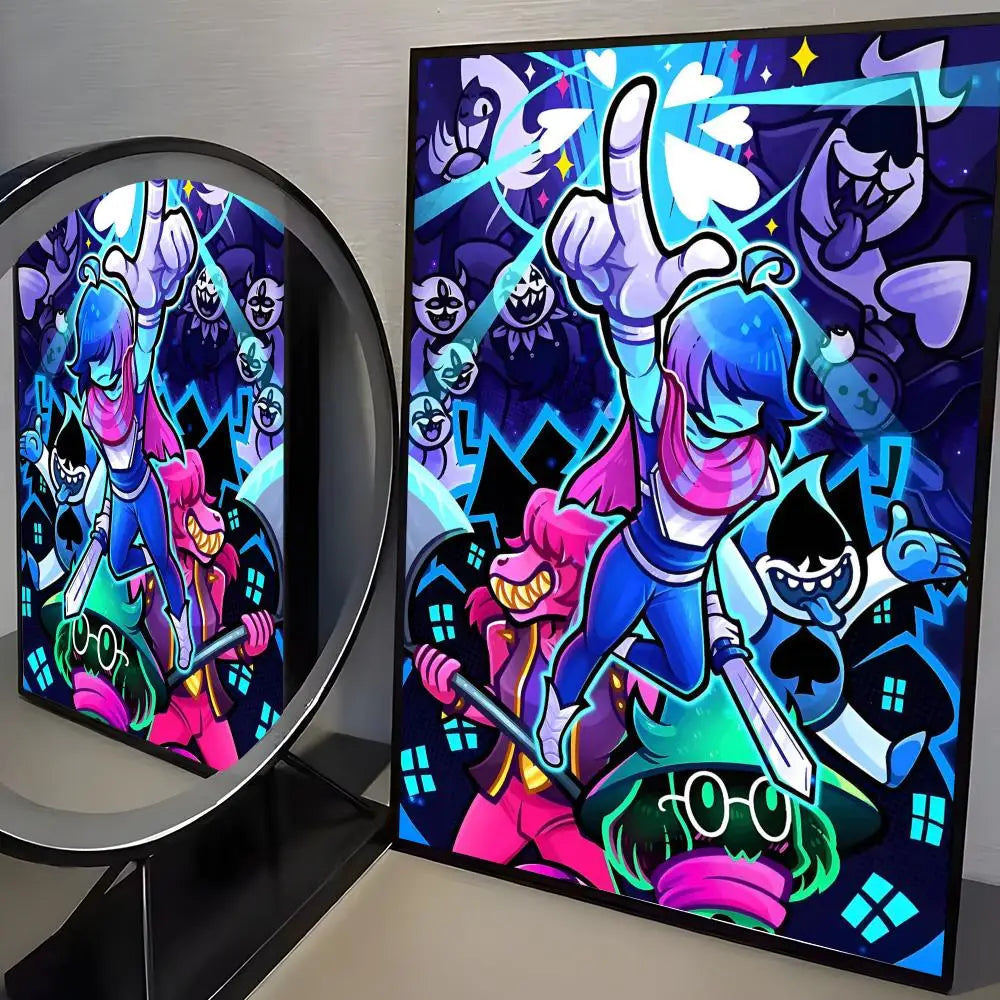 A vibrant wall sticker poster featuring characters from Deltarune in a dark, stylized comic book art style.