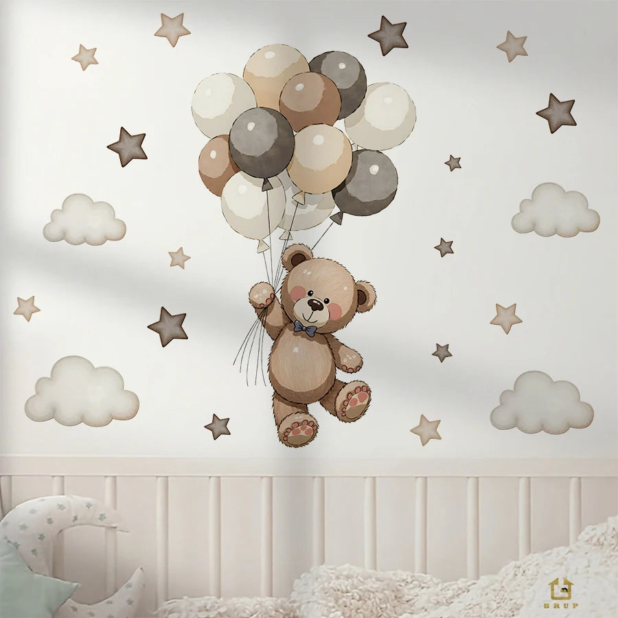 Autocollants muraux d'ours en peluche adorables avec un ours brun entouré de ballons et d'étoiles sur fond blanc