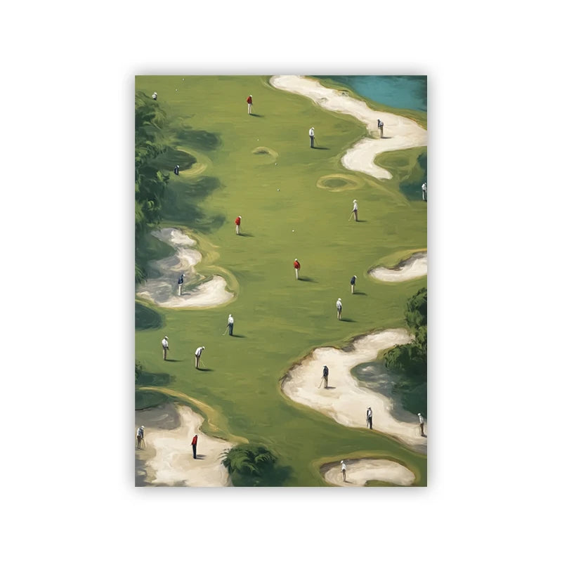 A canvas print depicting a green golf course with several figures playing golf on the fairway.