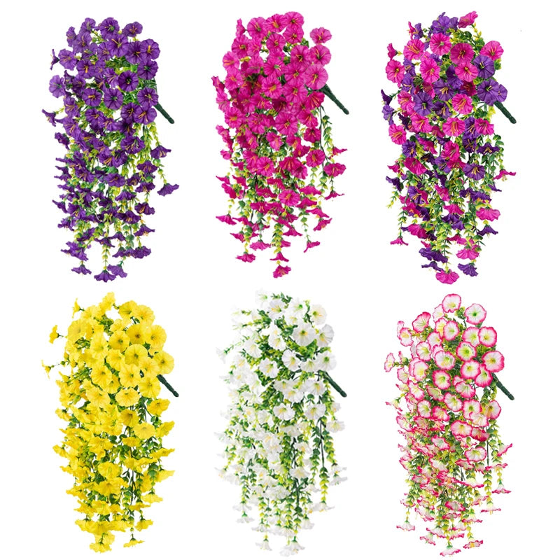 A collection of artificial hanging silk morning glory flowers in purple, pink, and yellow.