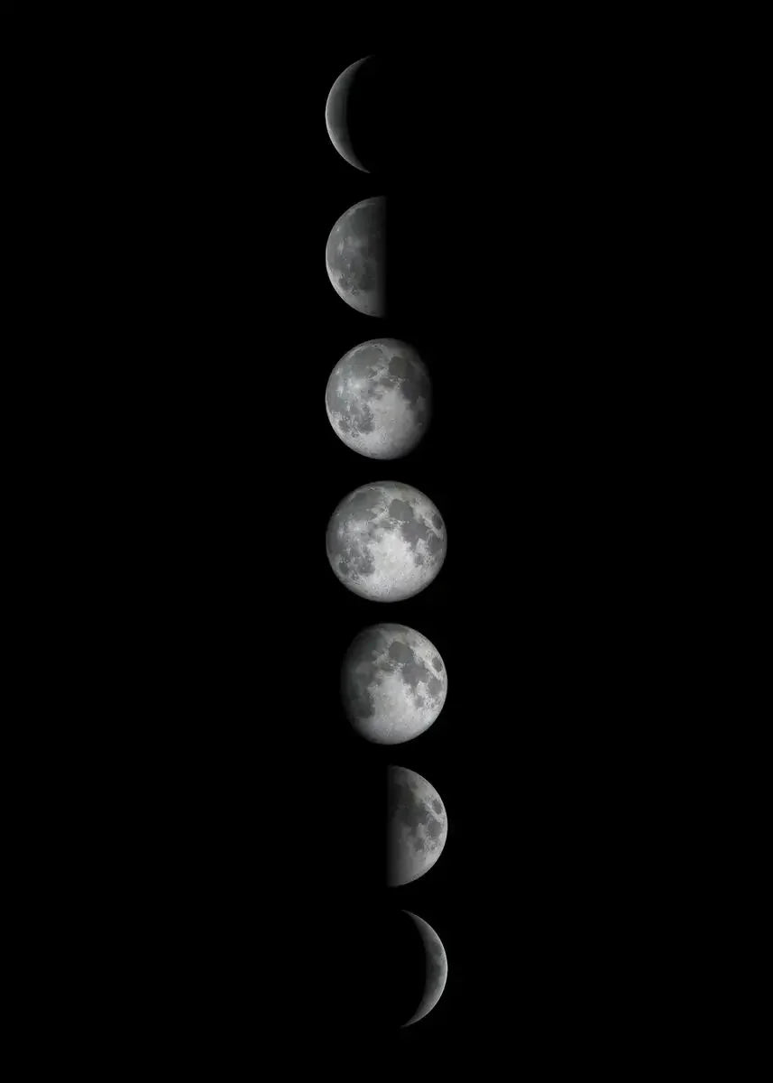 A vertical series of lunar phases, ranging from a crescent to a full moon, against a black background.