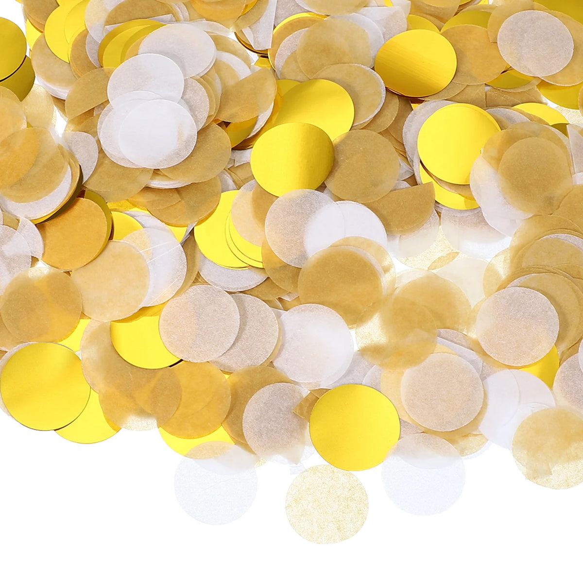A pile of round tissue paper confetti dots in shades of gold and yellow.