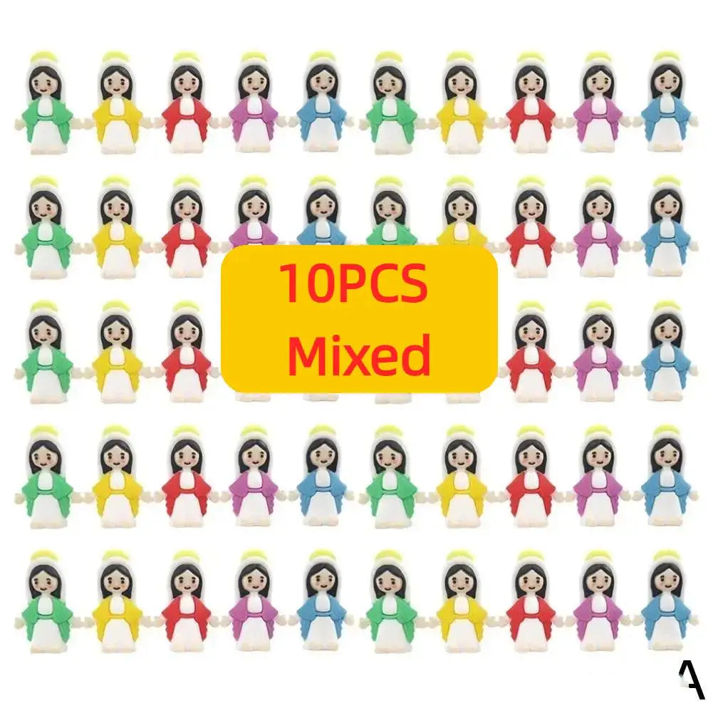 A row of 10 small religious desktop figurines in various colors and styles.