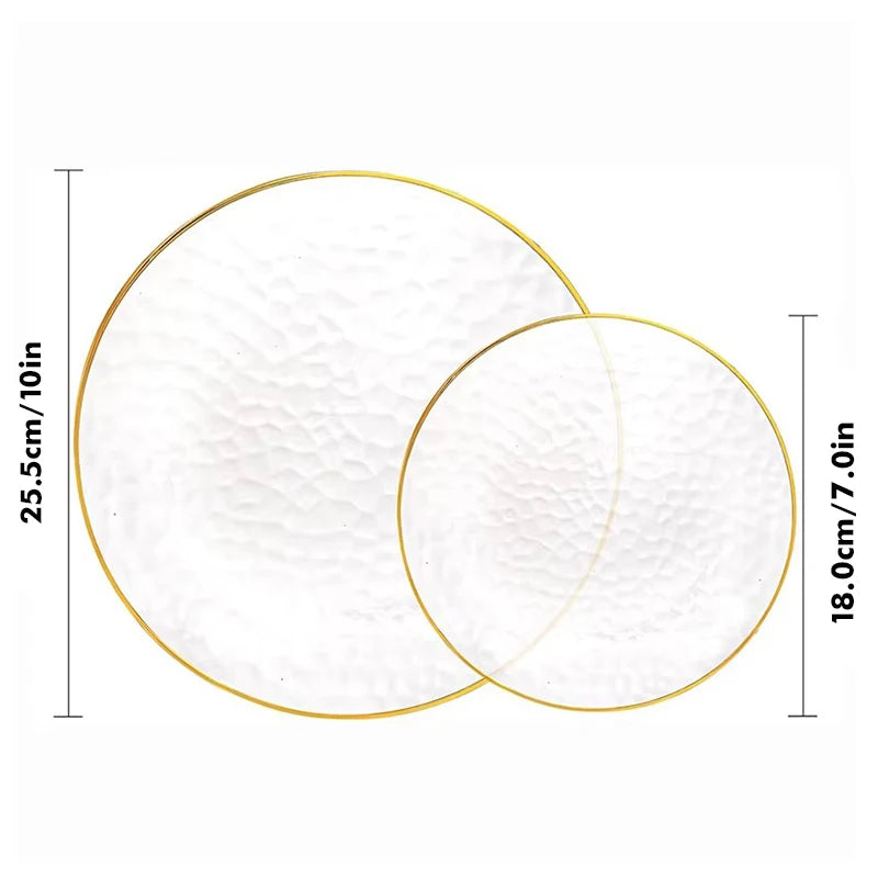 Hammered gold rim disposable dinner plates shown with size measurements