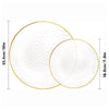 Hammered gold rim disposable dinner plates shown with size measurements