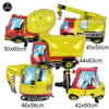Set of five yellow and red construction truck foil balloons for birthday party decoration