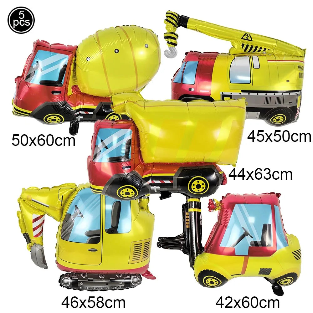 Set of five yellow and red construction truck foil balloons for birthday party decoration