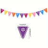 A string of colorful felt papel picado banners in various shades of purple, pink, yellow, and blue.