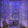 Purple LED curtain lights illuminating a window with sparkling lights.