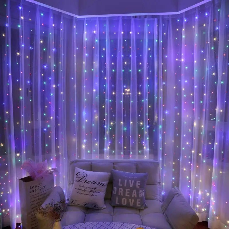 Purple LED curtain lights illuminating a window with sparkling lights.