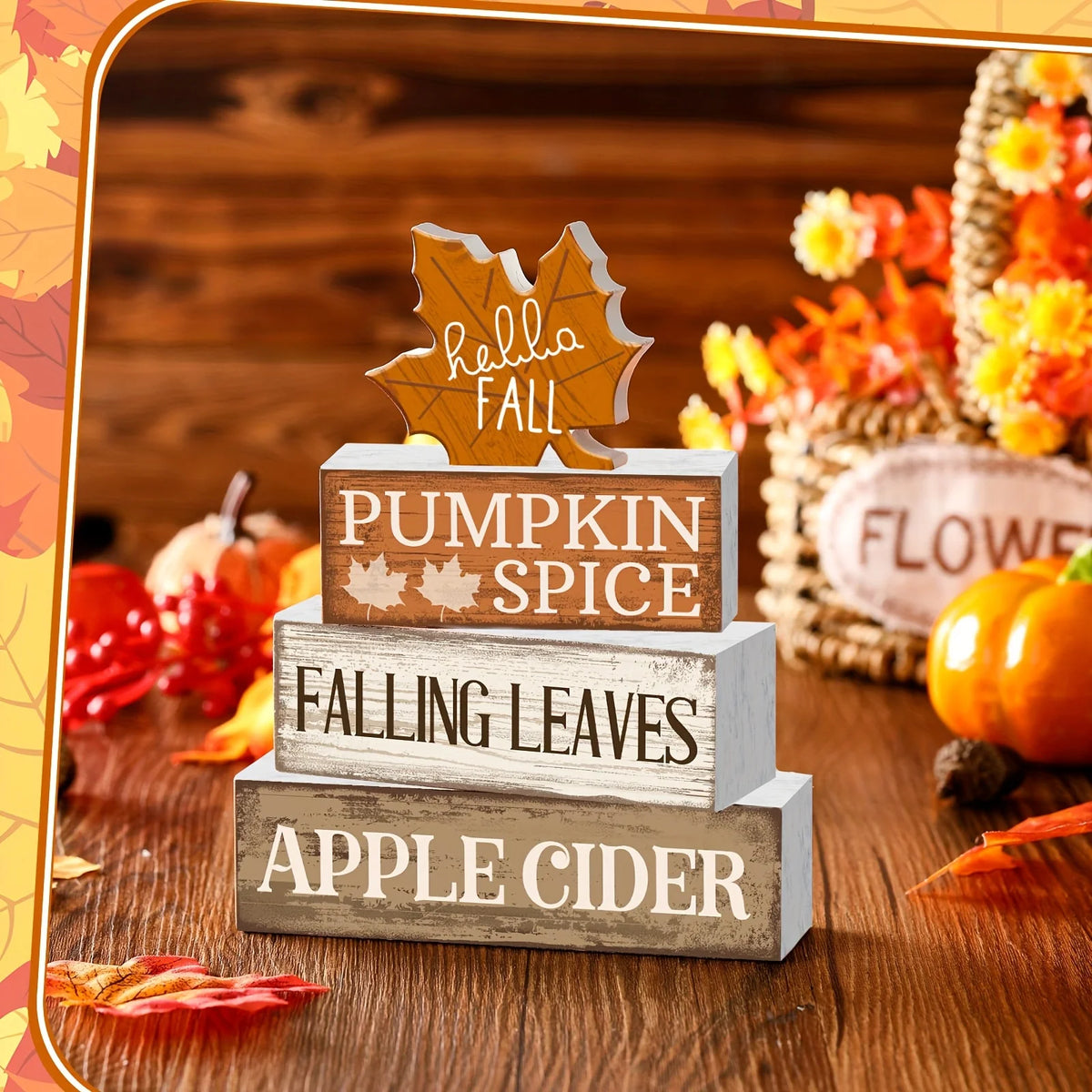 A set of rustic wooden maple leaf tiered trays for seasonal display on a wooden surface.