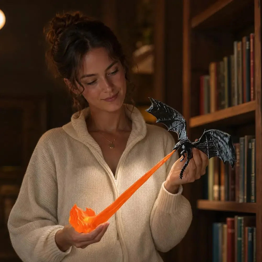 A woman holds an orange dragon flame light with a glowing fire effect in a cozy indoor setting.