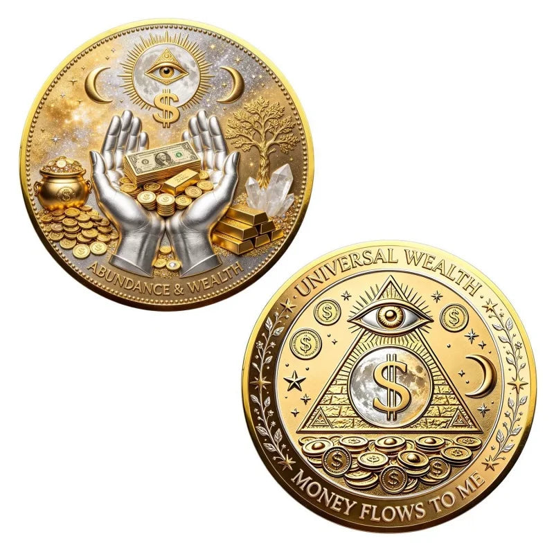 A commemorative gold coin featuring an eye motif, hands holding money, and the text Abundance & Wealth.