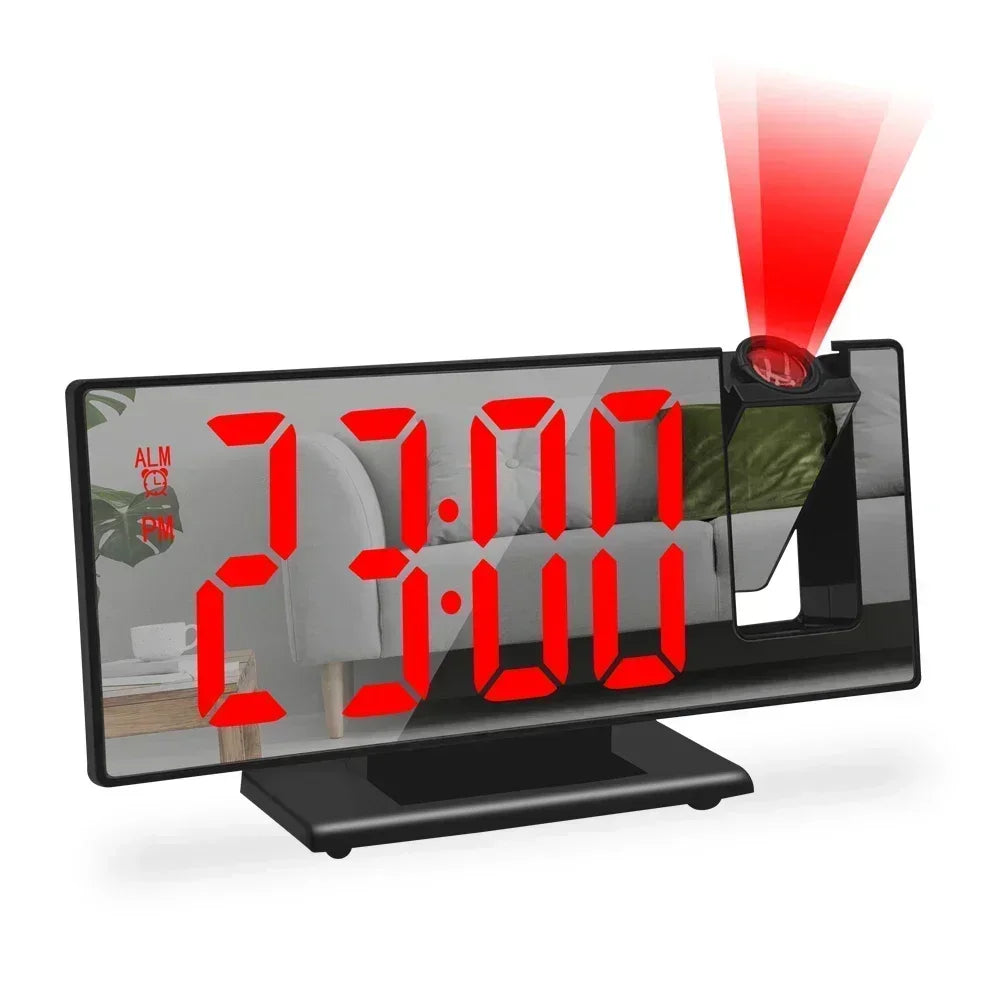 A digital projection alarm clock displaying 23:00 and a red light beam.