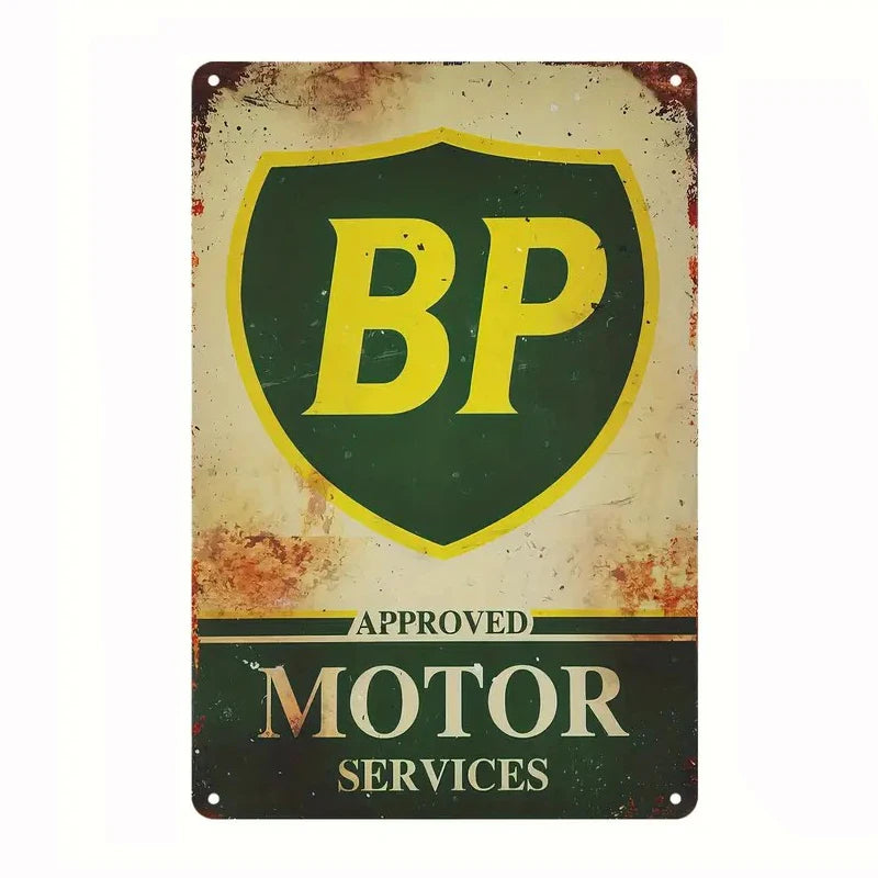 Vintage metal tin sign with a green shield featuring the letters BP and the text APPROVED MOTOR SERVICES