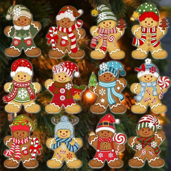 A set of twelve wooden gingerbread man Christmas ornaments with festive decorations.