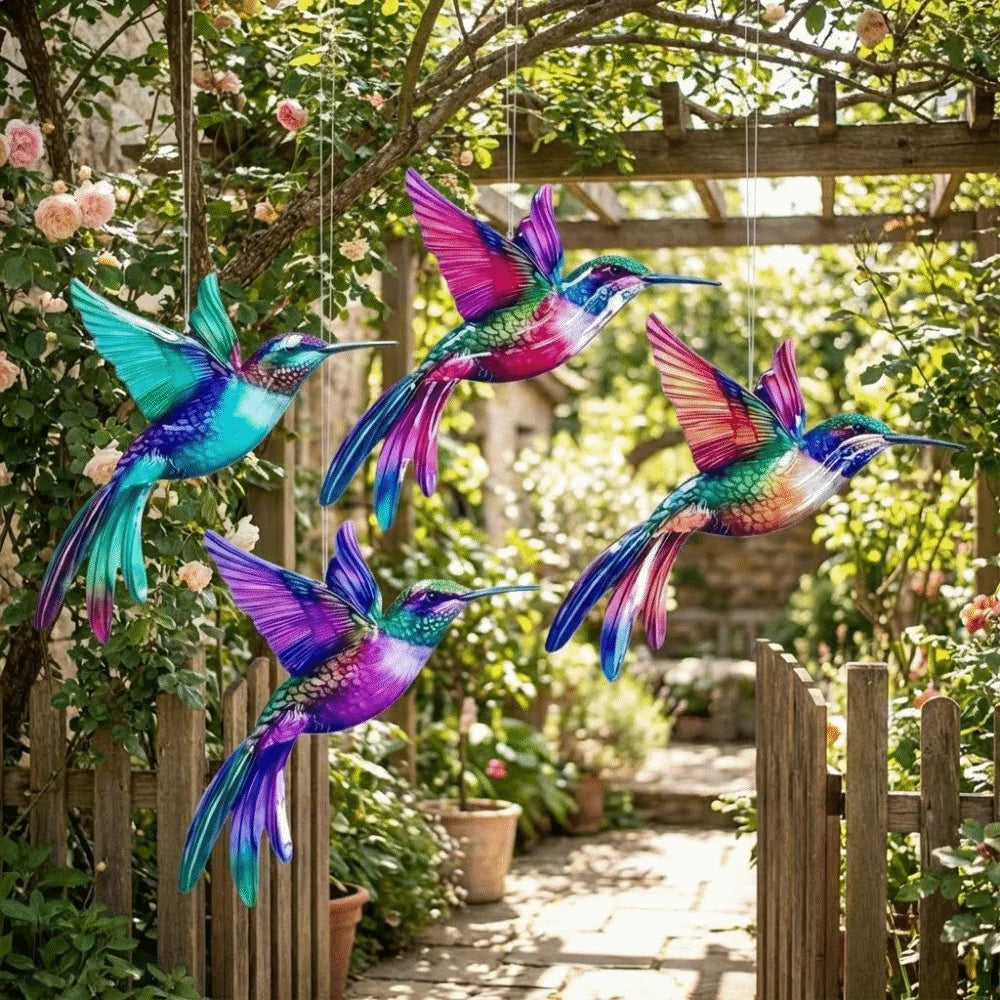 A collection of colorful metal hummingbird wall art suspended from a wooden arbor in a garden setting.