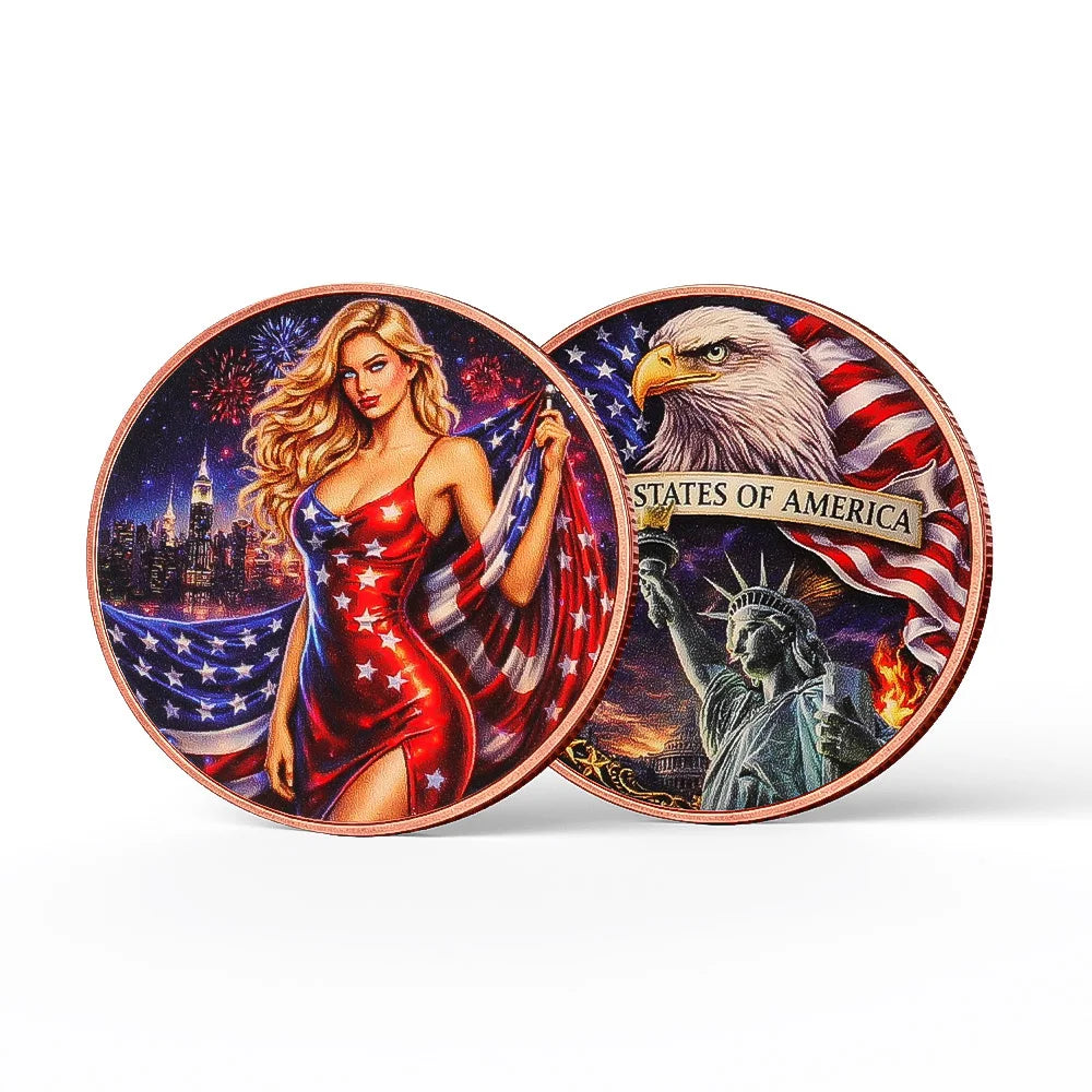 Fantasy art bar featuring a woman in a red patriotic dress and an eagle over the States of America flag.