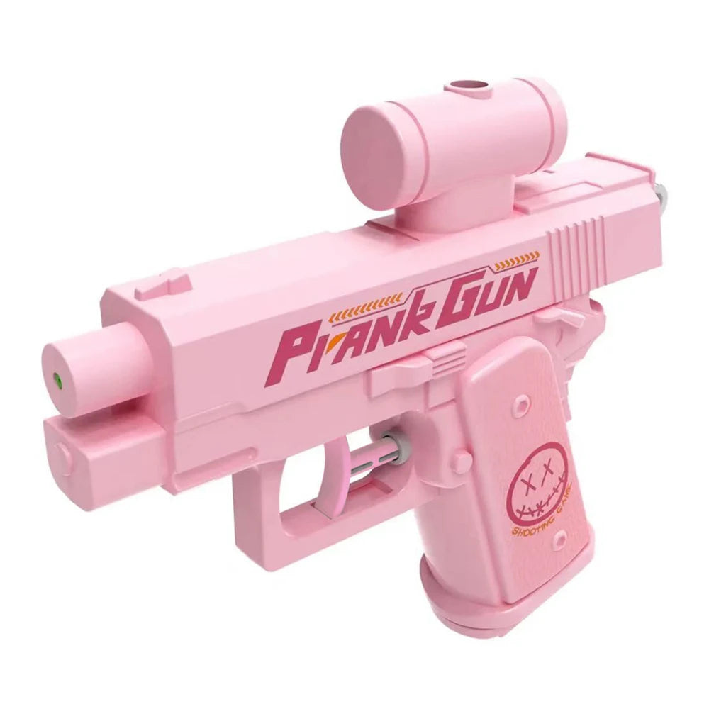 A pink plastic prank gun with a barrel and trigger mechanism.