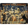 A dark metal tin sign featuring a spooky Halloween scene with skeletons and a figure, with text that reads Happy Halloween Ea