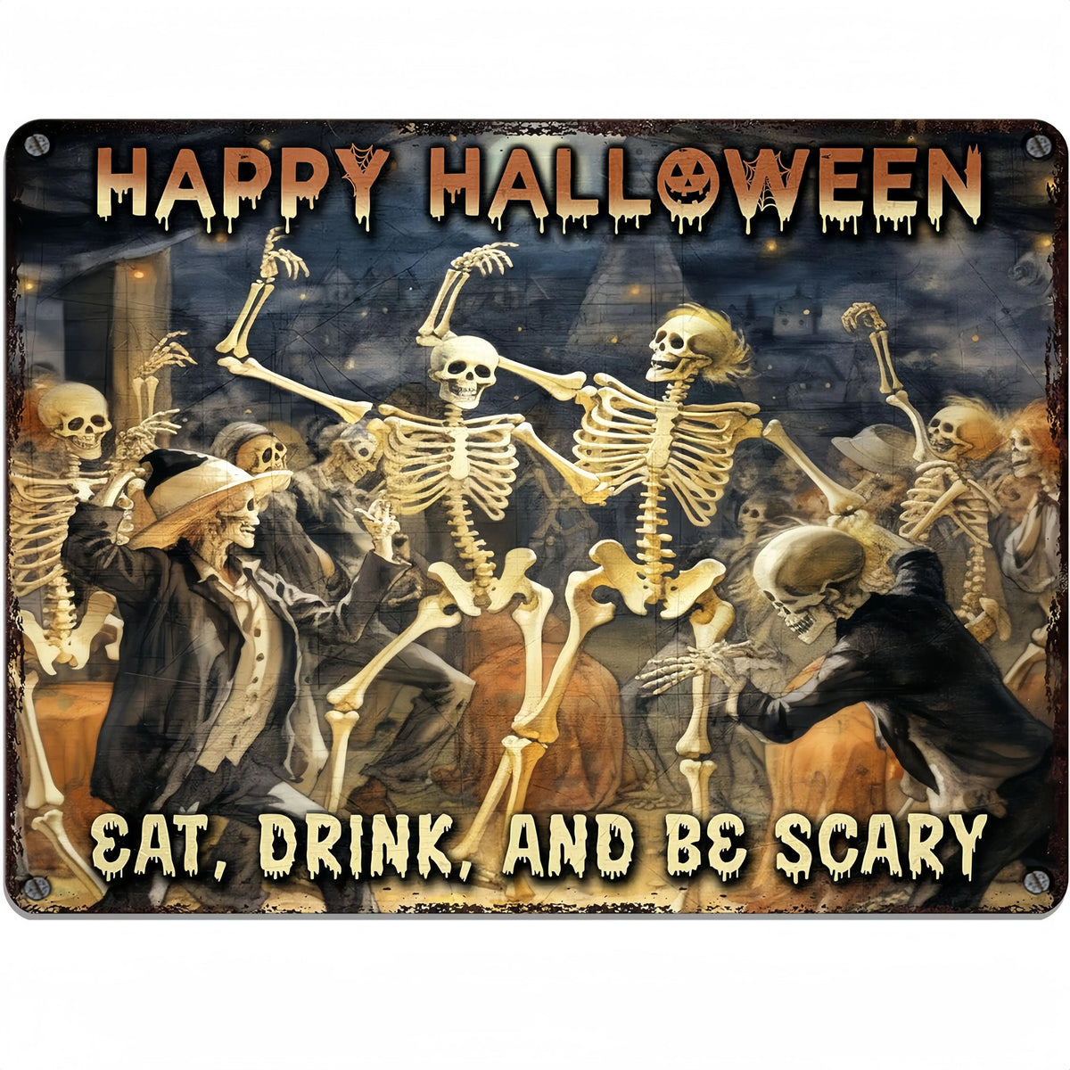 A dark metal tin sign featuring a spooky Halloween scene with skeletons and a figure, with text that reads Happy Halloween Ea
