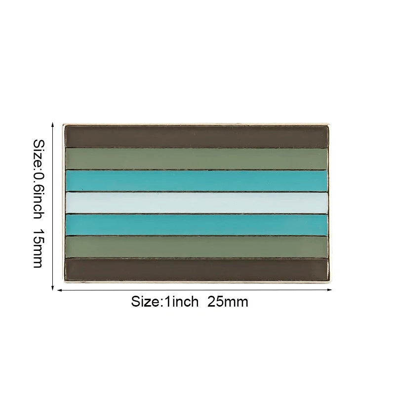 A rectangular lapel pin featuring five horizontal stripes of varying shades of teal and gray.