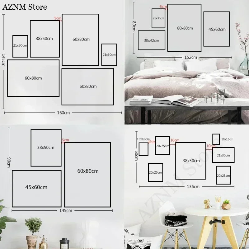 A set of various sized square and rectangular canvas posters displayed against a white wall.