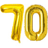 A large, shiny gold foil balloon shaped like the number 70.