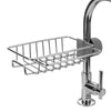 A chrome faucet-mounted kitchen organizer with a sponge holder and drying rack.