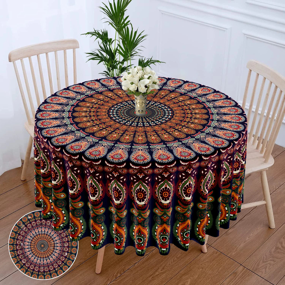 Bohemian peacock mandala round tablecloth with intricate patterns displayed on a wooden table.