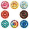 A collection of colorful donut-shaped sealing labels featuring various sprinkles and designs.