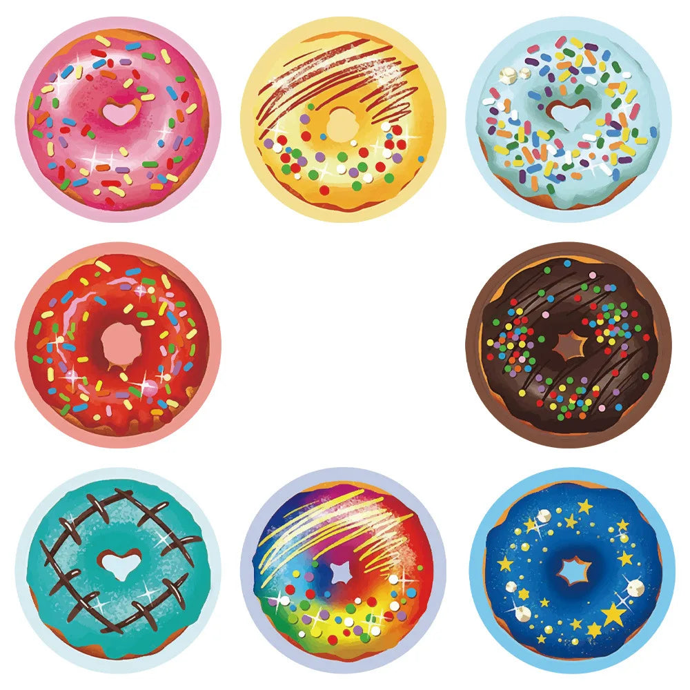 A collection of colorful donut-shaped sealing labels featuring various sprinkles and designs.