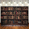 A wooden bookshelf filled with old books and leather-bound volumes.