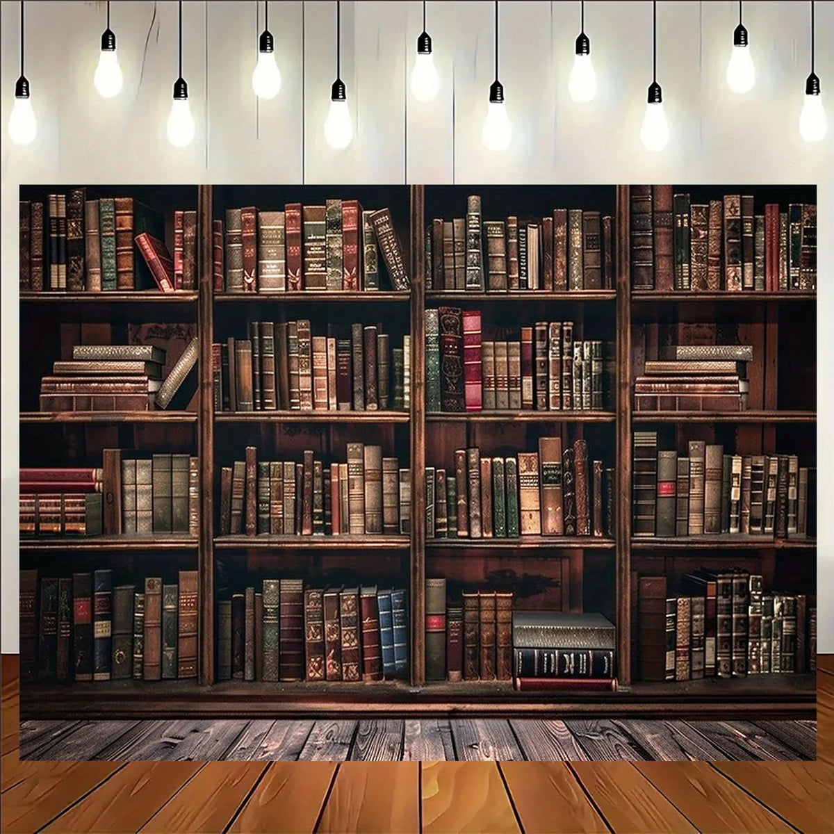 A wooden bookshelf filled with old books and leather-bound volumes.