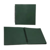 A closed dark green handmade kraft paper scrapbook with a spiral binding.
