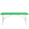 A bright green stretch elastic tablecloth cover for a rectangular table.