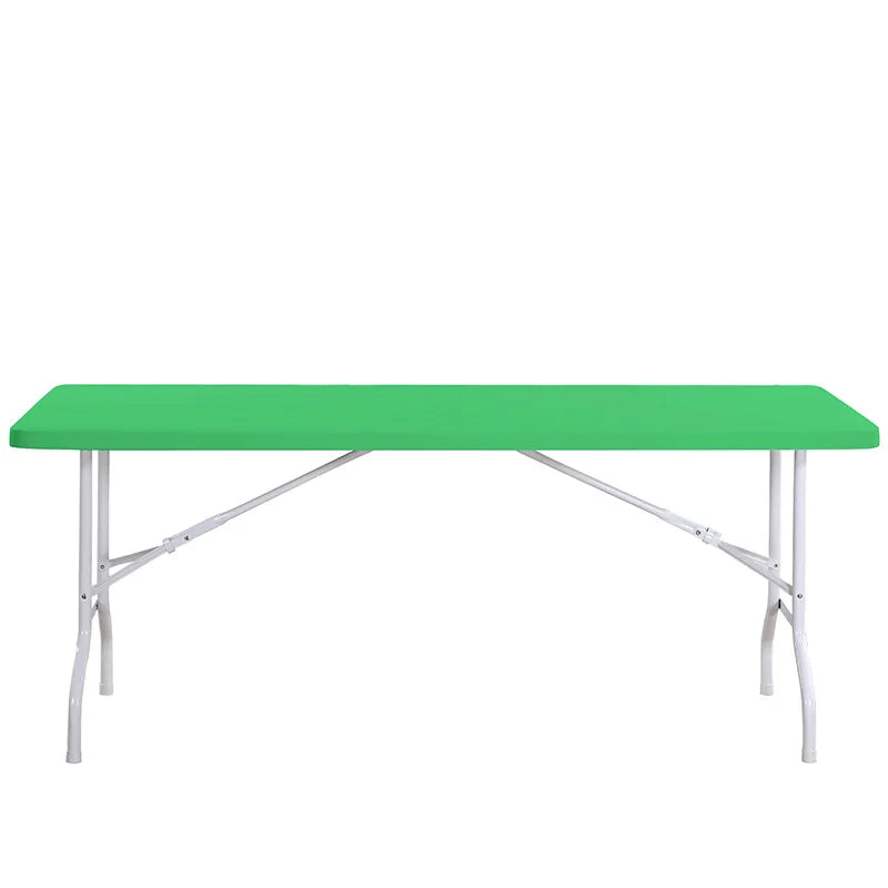A bright green stretch elastic tablecloth cover for a rectangular table.