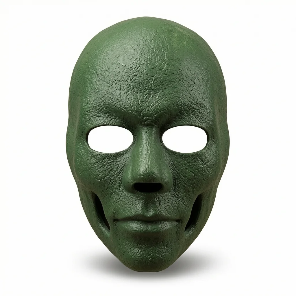 A realistic, olive green horror mask with a smooth, textured surface.