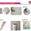 Three methods shown for removing wrinkles on a table cloth, including ironing, steaming, and using a fabric hanger.