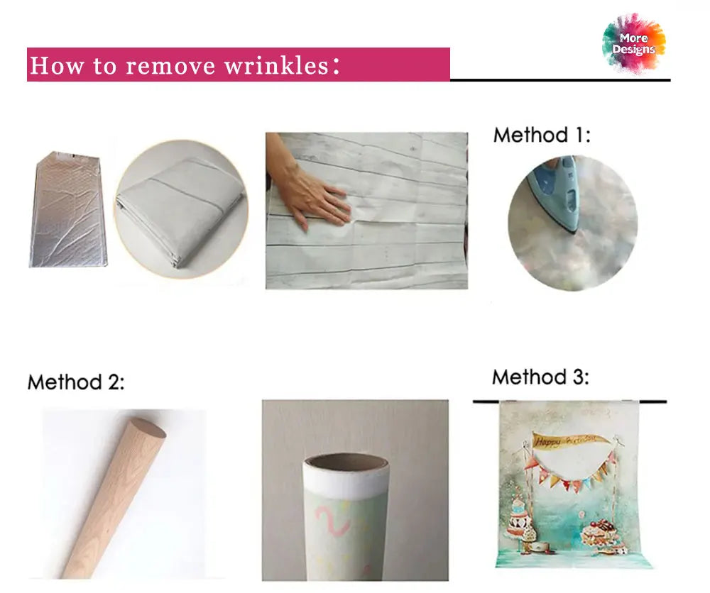 Three methods shown for removing wrinkles on a table cloth, including ironing, steaming, and using a fabric hanger.