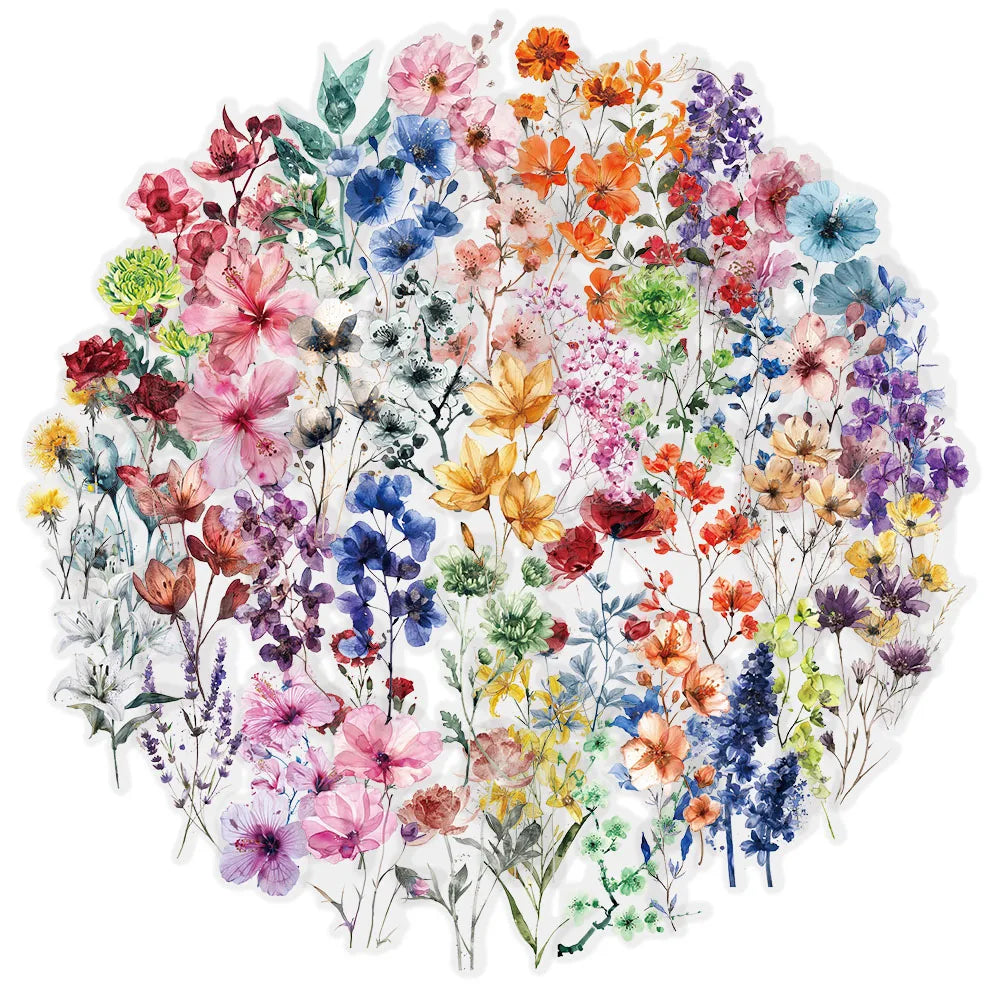 A vibrant watercolor floral design featuring various pink, orange, purple, and blue flowers on a white background.