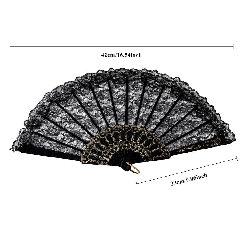 Black and white vintage lace folding fan with a decorative gold trim