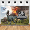 A dramatic movie poster featuring various dinosaurs against a fiery background for a birthday backdrop.