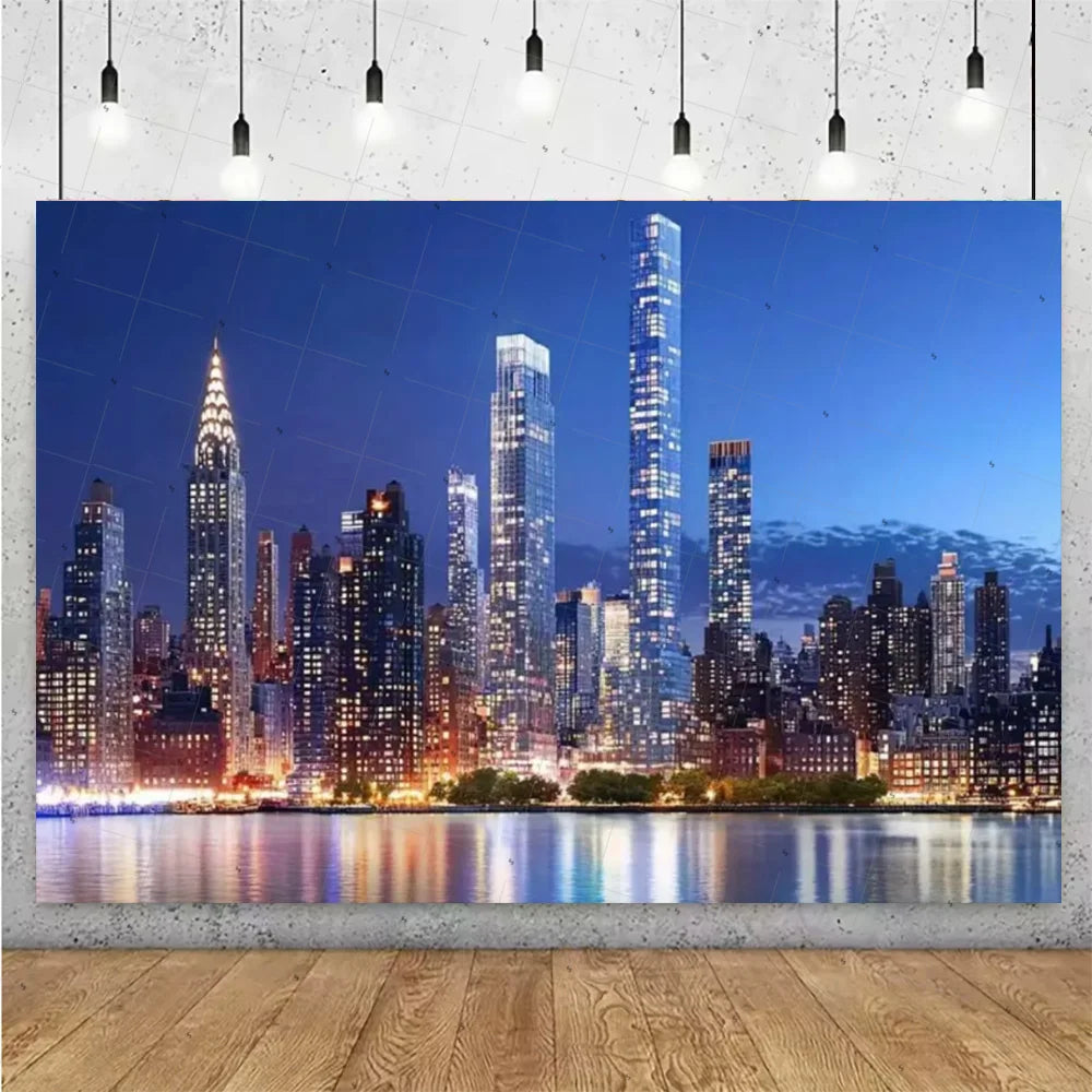 A photograph of the Night City skyline featuring tall buildings reflected in water under a twilight sky.
