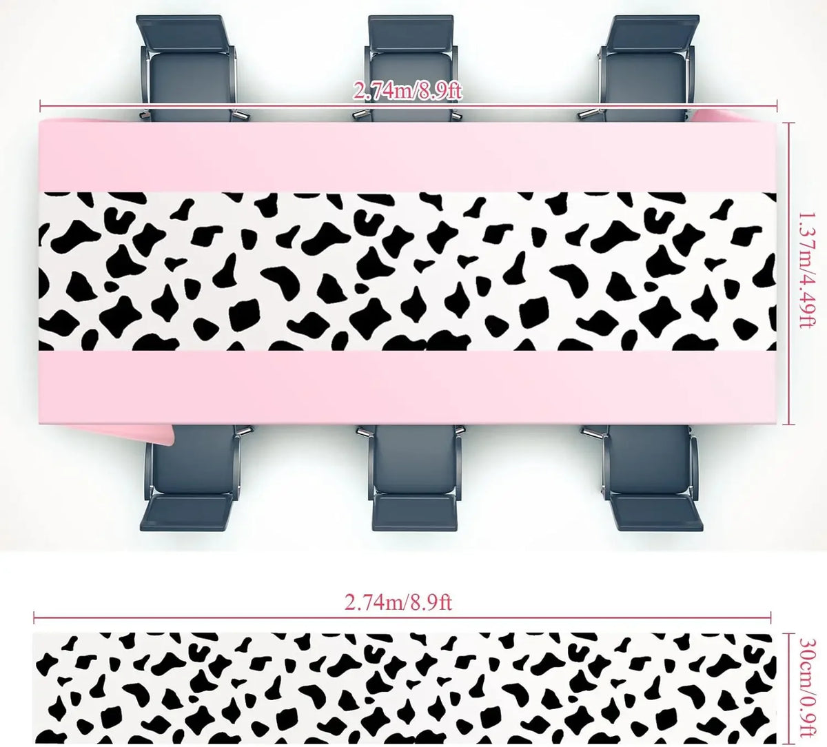 Pink cow print western tablecloth featuring a black and white spotted pattern.