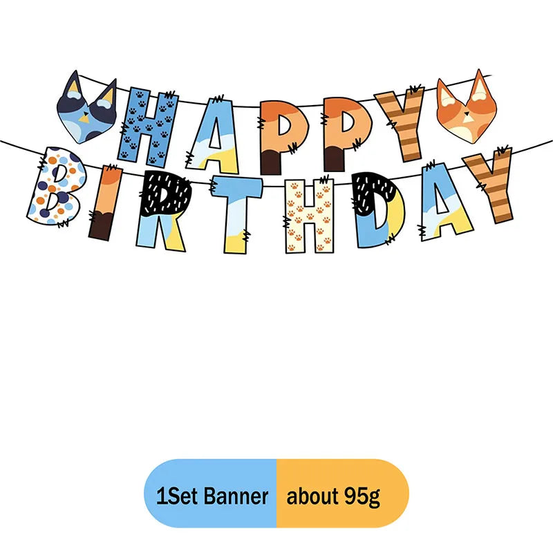 A banner spelling out HAPPY BIRTHDAY made of blue and orange dog-themed cutouts.
