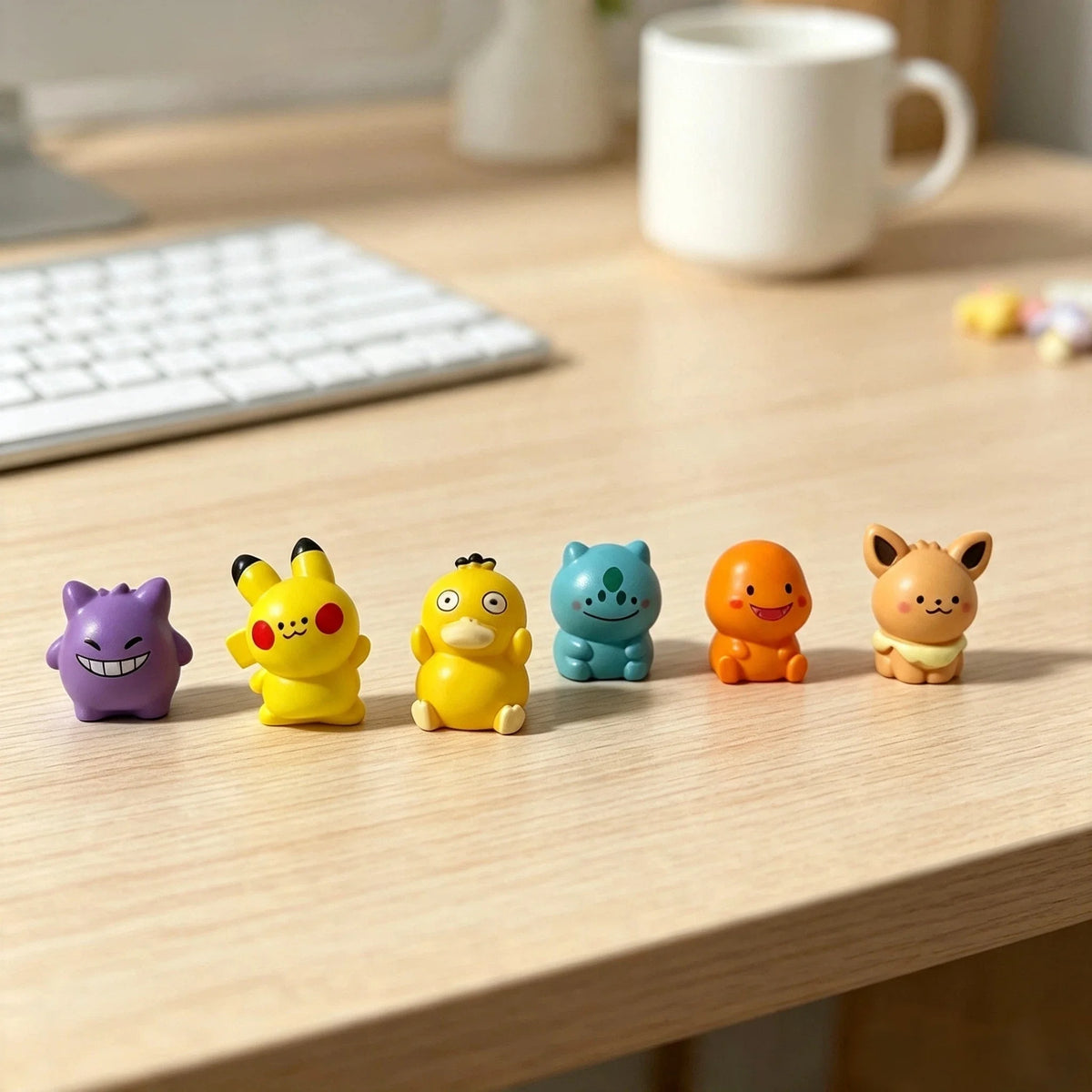 A set of six colorful kawaii anime fantasy creature mini figurines arranged in a row on a wooden desk.